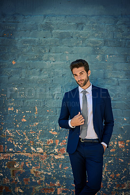 Buy stock photo Brick wall, businessman and portrait, proud and smile of auditor, confidence and office for work. Corporate, accountant and male employee with advice for company, startup and happy for job and goal