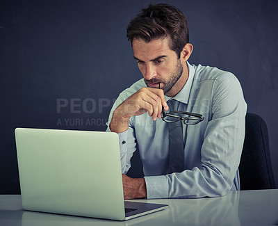 Buy stock photo Businessman, laptop and desk for digital information, review online report or view email. Corporate manager, tech and serious for read app, article search or website research for project strategy 
