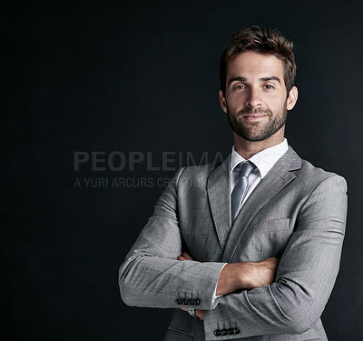 Buy stock photo Businessman, suit and portrait in studio for corporate career or professional business in company. PR manager, formal and confident with success for organisation on dark background with mockup