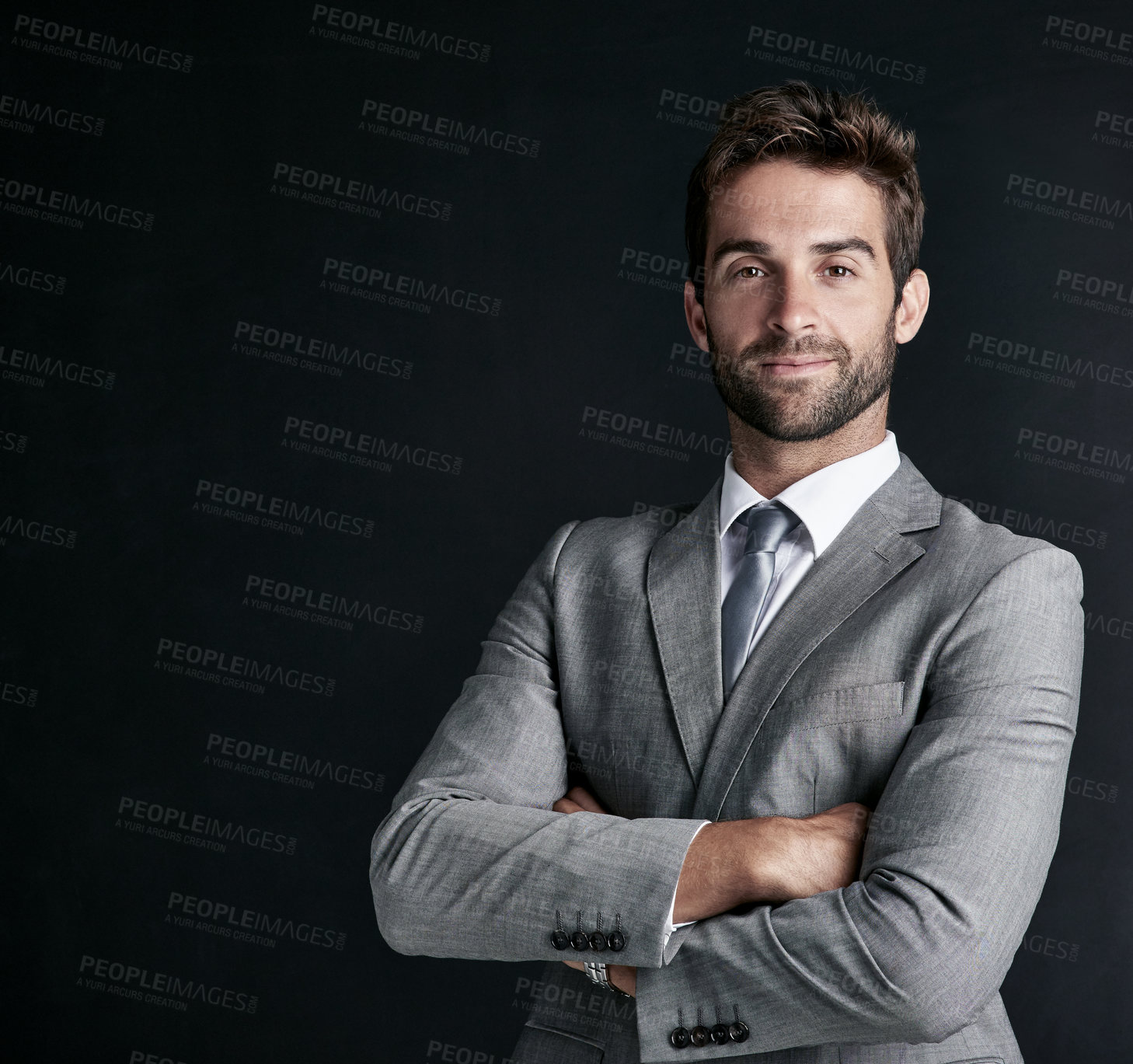 Buy stock photo Businessman, suit and portrait in studio for corporate career or professional business in company. PR manager, formal and confident with success for organisation on dark background with mockup