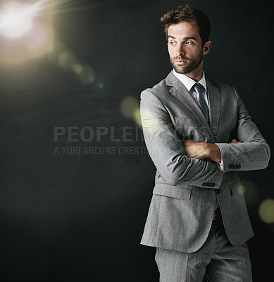 Buy stock photo Studio, portrait and confident businessman, lawyer in corporate suit and professional advisor in law firm. Attorney, career and legal consultant or employee, serious and proud black background