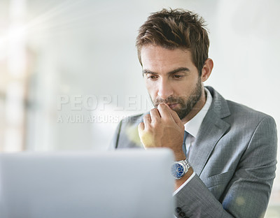 Buy stock photo Thinking, laptop and businessman at desk for online company, brainstorming and suit in office. Data analytics, technology and male person in workplace for planning and research for startup idea