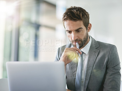 Buy stock photo Thinking, laptop and businessman in office with pen for online company, project and planning in workplace. Web designer, technology and male person in creative agency for research and brainstorming.