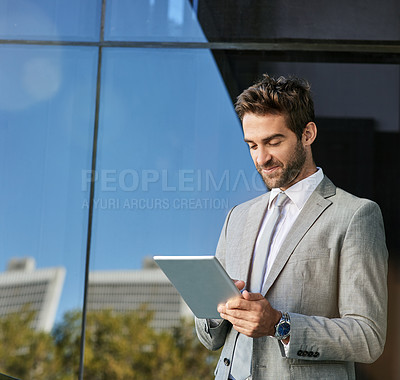 Buy stock photo Building, outdoor and businessman online with tablet for company growth or report review and checking emails. Male employee, digital technology and happy for research or feedback on business website.