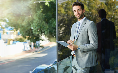 Buy stock photo Business, portrait and happy man with tablet on balcony for networking, reading email or news. Lens flare, professional and person with technology for information, browsing internet or social media