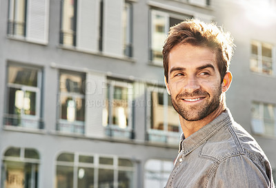 Buy stock photo Man, happiness and walking in street for travel, wellness and explore in Los Angeles for commute. American male person, sunshine and journey in the morning for adventure and sightseeing in city