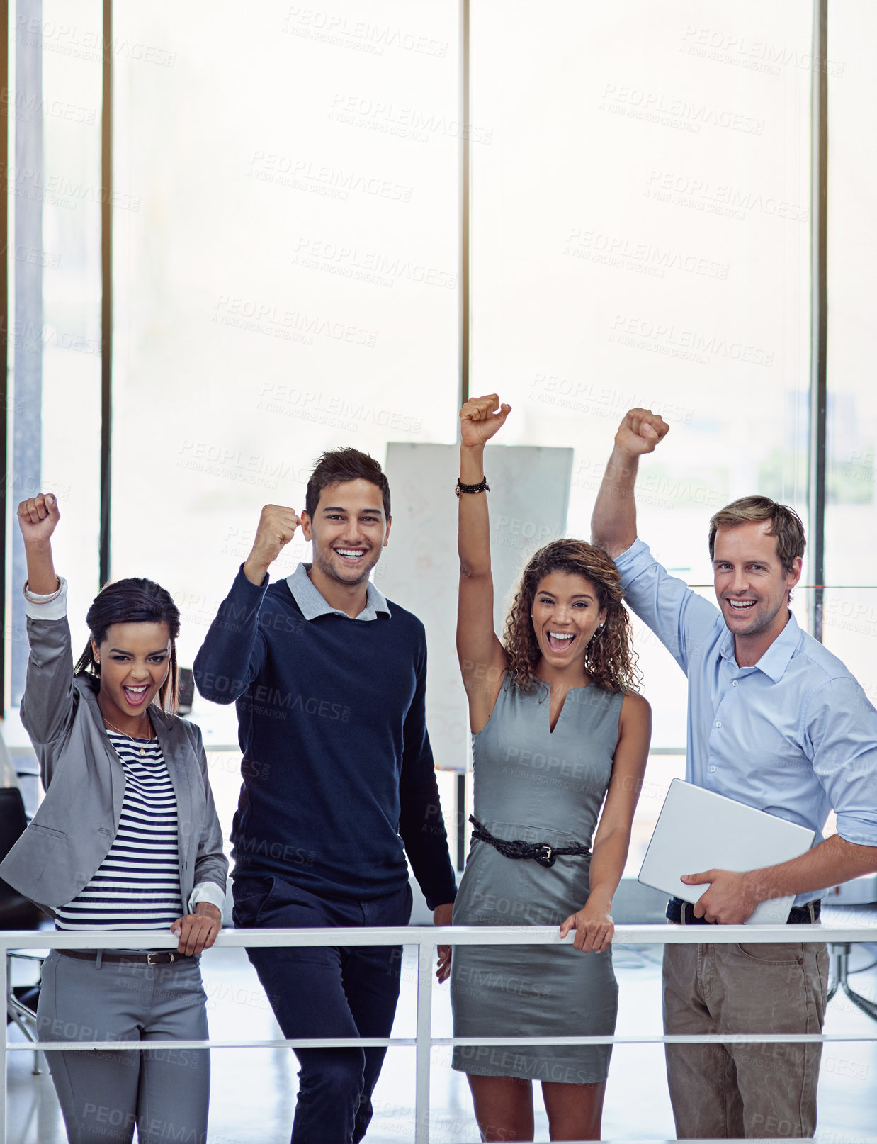 Buy stock photo Portrait of a group of colleagues celebrating together in an office