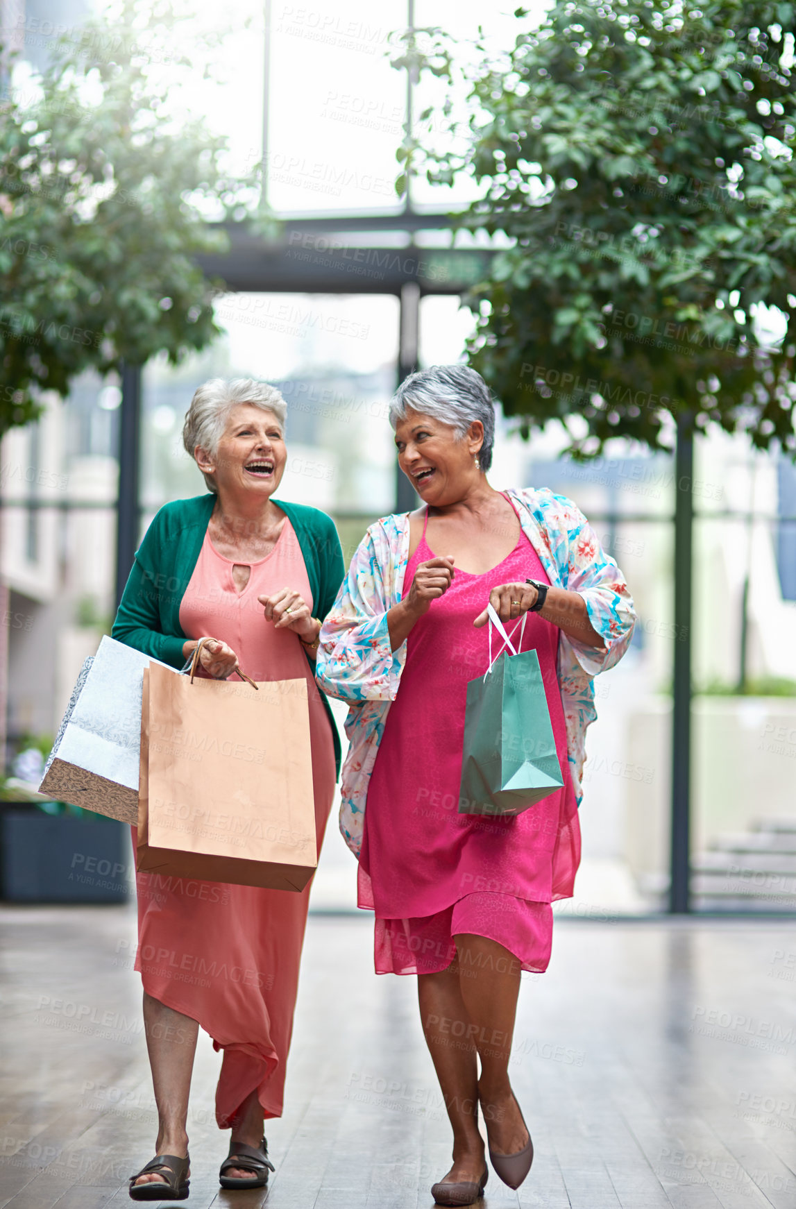 Buy stock photo Full length shot of a two senior women out on a shopping spree