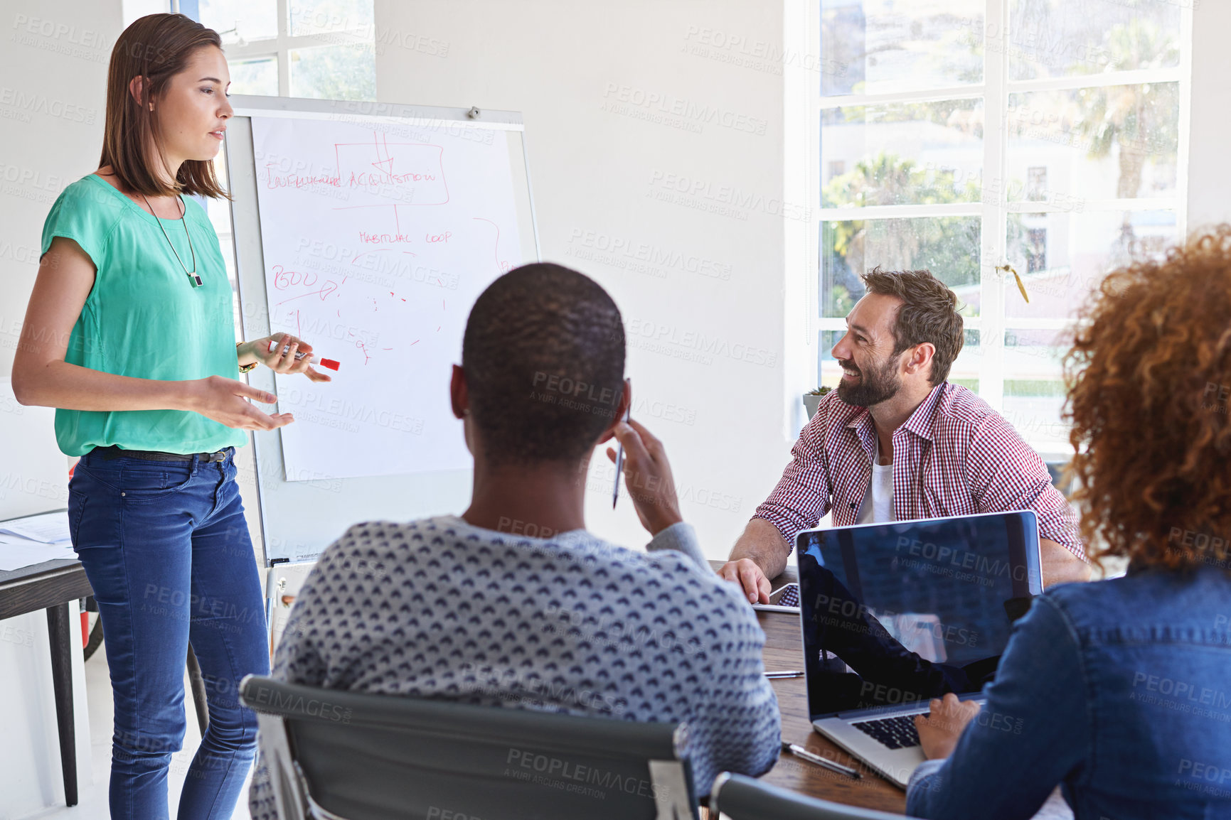 Buy stock photo Woman, whiteboard and presentation with team at startup for planning, brainstorming or talk for acquisition process. Person, speaker and crowd in modern office for problem solving at creative agency