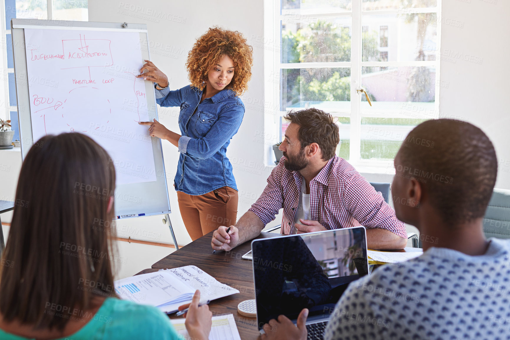 Buy stock photo Woman, whiteboard and presentation with staff in office with planning, brainstorming and info for acquisition process. Person, speaker and crowd with pitch for solution at startup creative agency