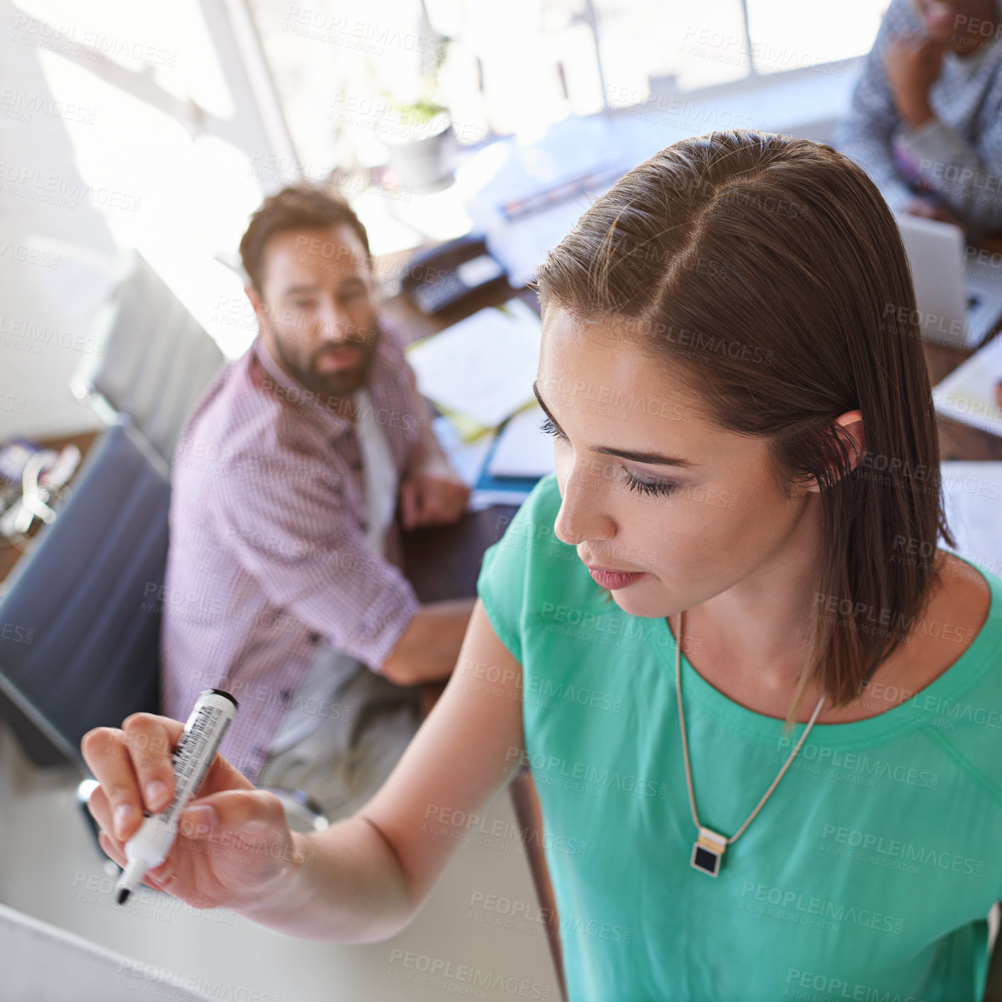 Buy stock photo Business woman, office and whiteboard with meeting, workshop and presentation for performance review. Creative, team leader and writing with startup manager, design agency and moodboard discussion