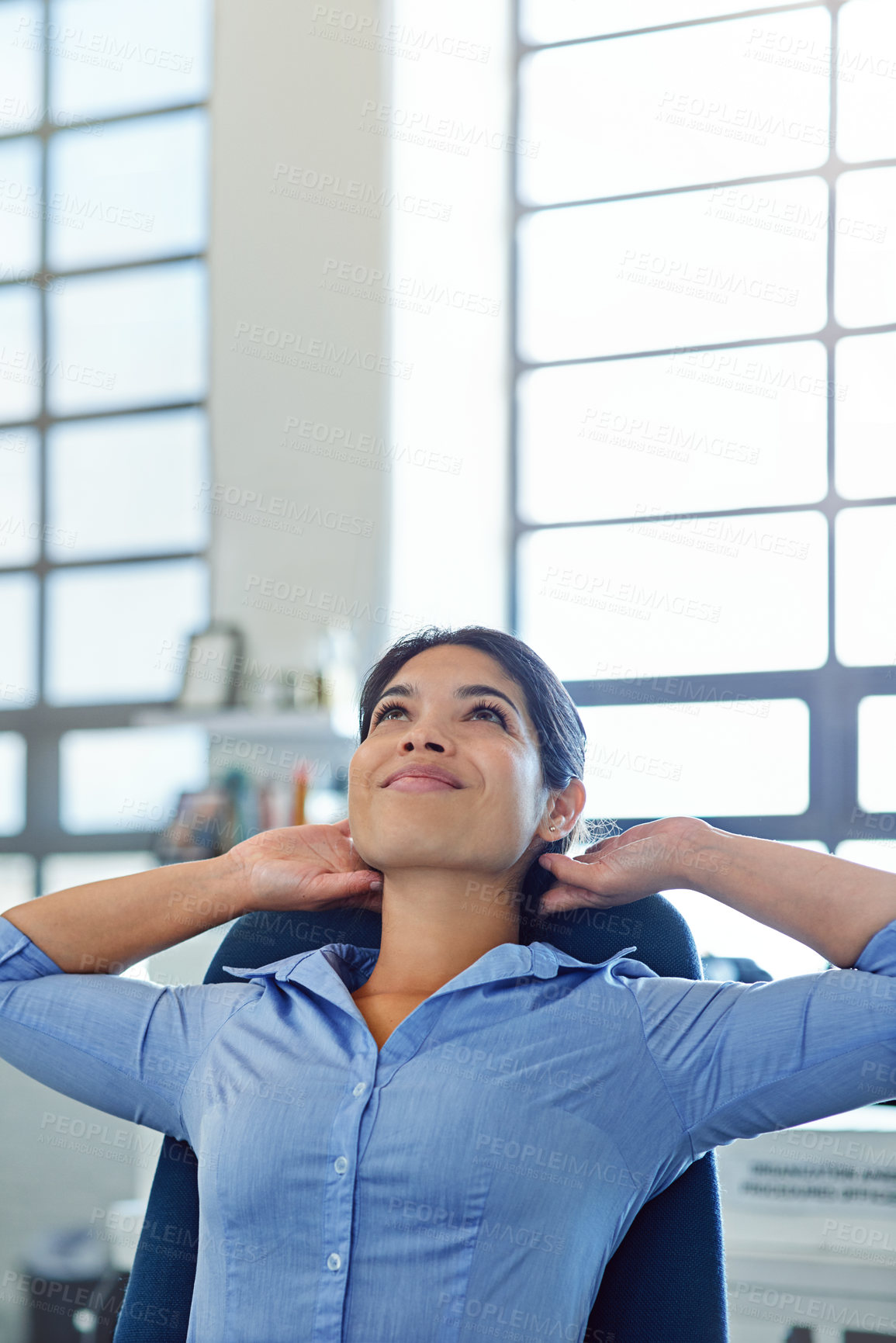 Buy stock photo Business woman, stretching and thinking in office to relax in chair from easy project deadline, achievement and smile. Hands behind head, happy worker and finish job goals, happiness and motivation