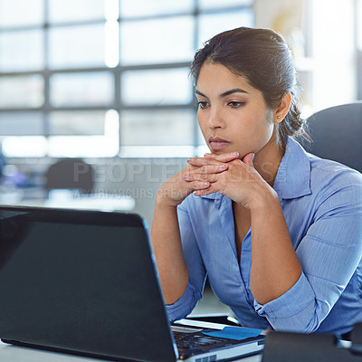 Buy stock photo Business woman with laptop, thinking and reading with research, email marketing and SEO with ideas. Technology, connectivity with focus and serious female at desk, professional workspace and strategy