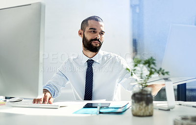 Buy stock photo Business, computer and man with tablet, typing and company development with growth, project and internet. Employee, lawyer and attorney for legal aid, technology and connection with website info