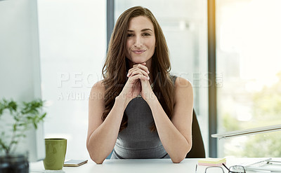 Buy stock photo Portrait, confident or businesswoman at desk at office with pride or ambition for career growth. Smile, financial analyst and economist bookkeeping for investments and finance security in Germany