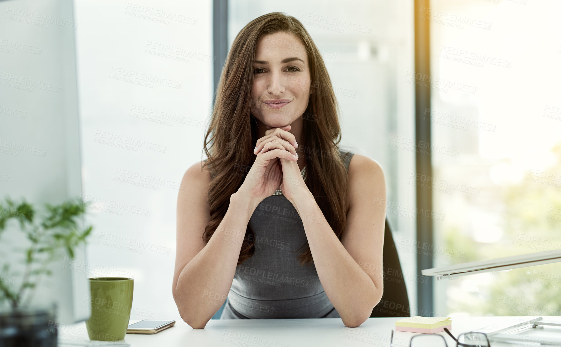 Buy stock photo Portrait, confident or businesswoman at desk at office with pride or ambition for career growth. Smile, financial analyst and economist bookkeeping for investments and finance security in Germany