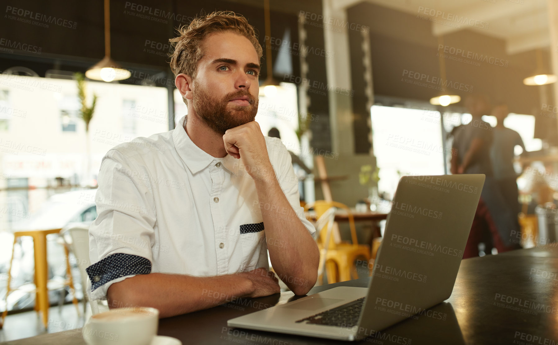 Buy stock photo Man, laptop and restaurant in small business with thinking, planning and ideas as entrepreneur. Male person, tech and coffee shop in working, career or development for menu, recipe or stock inventory