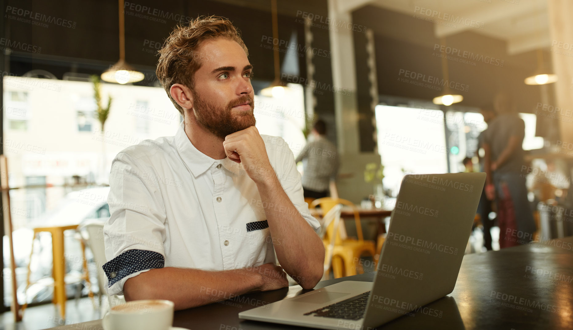 Buy stock photo Man, laptop and coffee shop in small business with thinking, planning and ideas as entrepreneur. Male person, tech and restaurant in working, career or development for menu, recipe or stock inventory