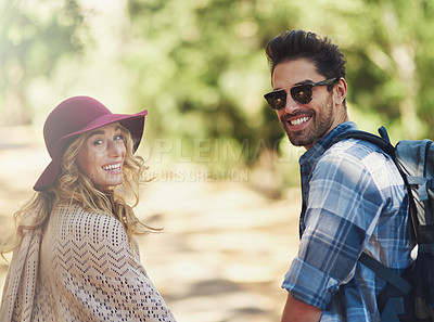 Buy stock photo Cropped portrait of an affectionate young couple during a hike