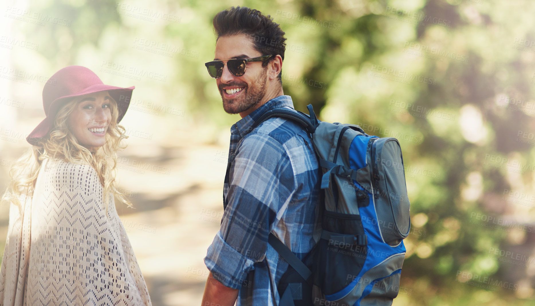 Buy stock photo Happy, couple and portrait in nature for hiking outdoor on vacation, together and walking in forest for adventure. Man, woman and smile in woods for explore on travel holiday in New Zealand with love