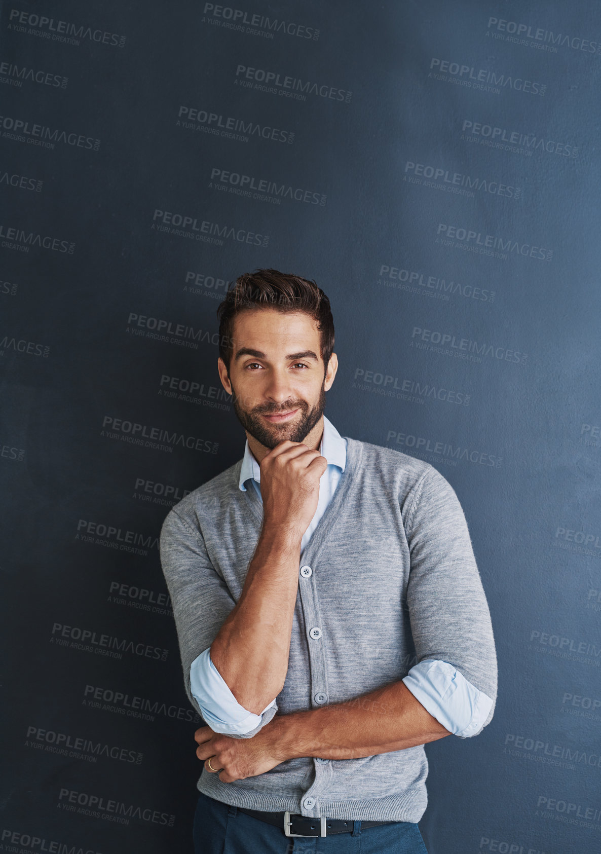 Buy stock photo Space, portrait and confident entrepreneur with fashion and elegant style on dark background. Creative businessman, mockup or proud male designer in studio for development, ambition and company