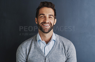 Buy stock photo Studio, laugh and businessman in portrait for fashion, casual clothes and confidence for profession. Career, sales person and smile with pride for corporate job, cool style and isolated background