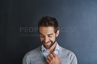 Buy stock photo Smile, thinking and business man in studio for idea, vision and fashion isolated on background. Happy employee, planning future and professional insight for decision, mindset and dream of opportunity