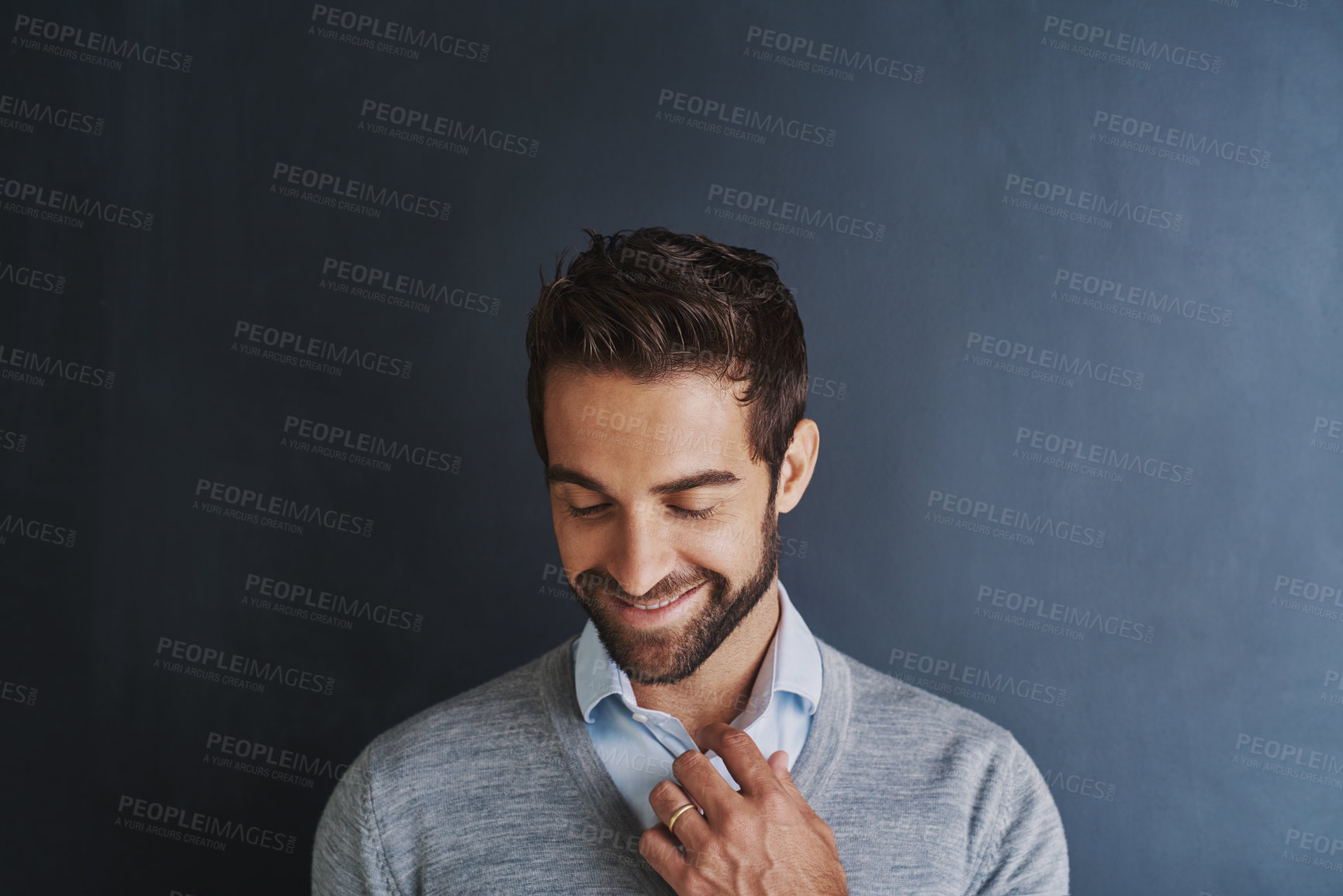 Buy stock photo Smile, thinking and business man in studio for idea, vision and fashion isolated on background. Happy employee, planning future and professional insight for decision, mindset and dream of opportunity