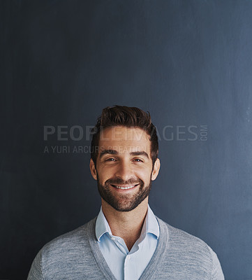 Buy stock photo Studio, happiness and businessman in portrait for fashion, casual clothes and confidence for profession. Career, sales person and smile with pride for corporate, cool style and isolated background