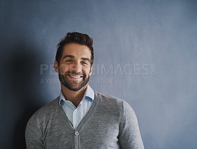 Buy stock photo Career, portrait and businessman in studio for fashion, casual clothes and confidence for profession. Entrepreneur, sales person and smile with pride for corporate, cool style and isolated background