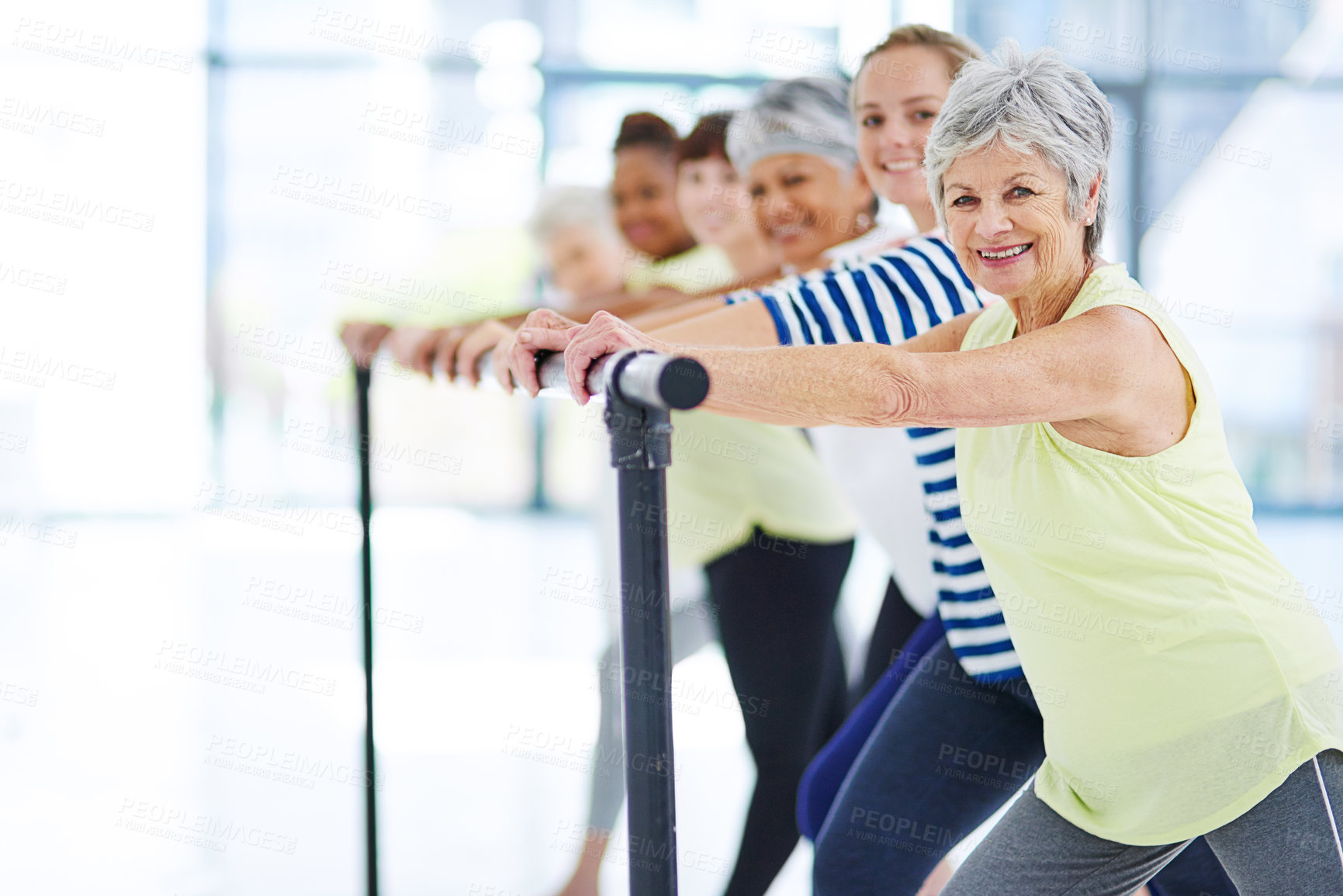 Buy stock photo Barre, fitness and wellness with portrait of women in studio for club, stretching and ballet exercise. Pilates, health and strength training with people in class for balance, workout and diversity