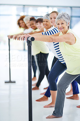 Buy stock photo Barre, workout and health with portrait of women in studio for club, stretching and ballet exercise. Pilates, wellness and strength training with people in class for balance, fitness and diversity