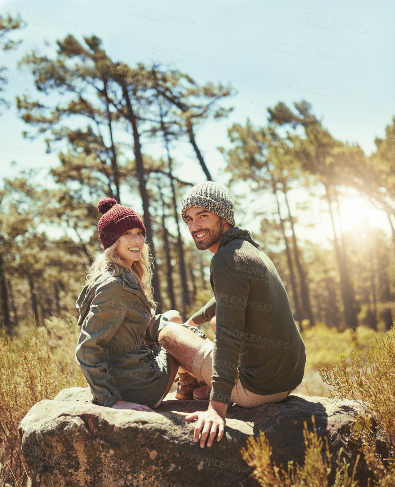 Buy stock photo Hiking, couple and portrait for fitness outdoor of travel adventure, trekking location and nature sightseeing. Smile, people and relax with bonding, cardio exercise and romantic for vacation explore