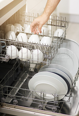 Buy stock photo Dishwasher machine, cleaning and hands of person washing dirty kitchenware for easy housekeeping, hygiene and housework. Closeup of electrical appliance for dishes, cups and plates in kitchen at home