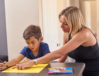 Buy stock photo Child, mother and paper writing in kitchen for chore list in home for cleaning, housekeeping or pocket money. Son, parent and homework project for school education or helping, creative or support