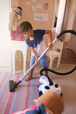Buy stock photo Child, carpet and vacuum for cleaning in bedroom, house and at home for child development and growth. Lens flare, youth and machine for responsible housekeeping, learning and chores for hygiene