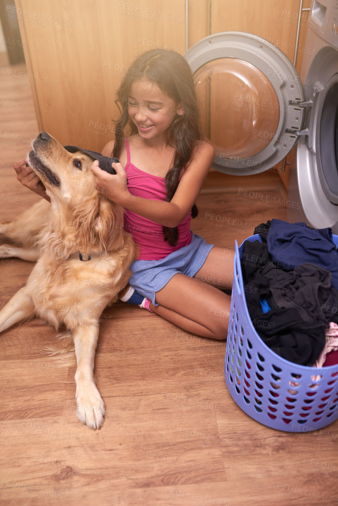 Buy stock photo Washing machine, dog and child with laundry in home for cleaning clothes and housekeeping. Happy, hygiene and young girl kid with basket of clothing for playing and bonding with pet puppy at home.