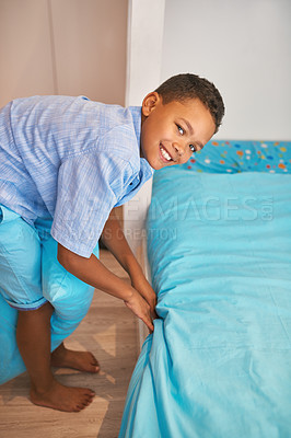 Buy stock photo Portrait, boy and bedroom for cleaning at home to learning responsibility. Happy, child and person for help with household chores on a weekend for hygiene, health and encourage daily routine