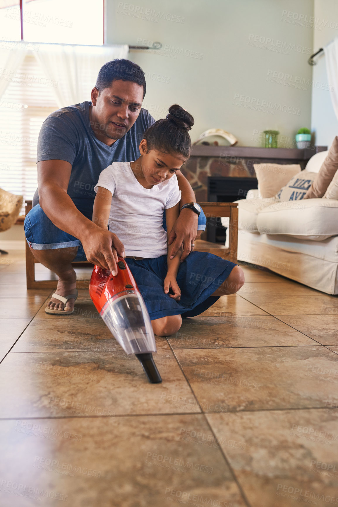 Buy stock photo Parent, child and cleaning by vacuum floor of living room of house as teamwork to learning responsibility at home. Family, chores and care by helping, bonding and cooperation for natural growth