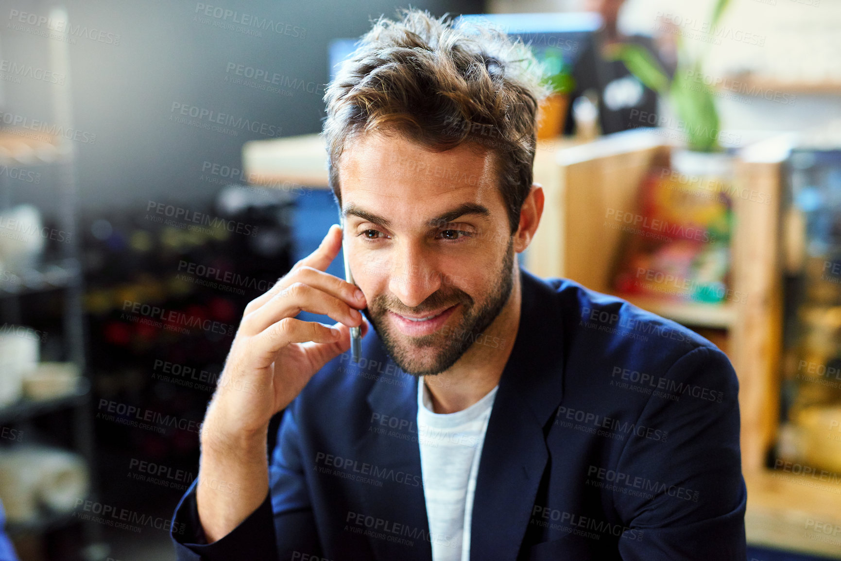 Buy stock photo Phone call, smile and thinking with business man in office for communication, networking or planning. Contact, idea and negotiation with happy young design employee talking on mobile in workplace