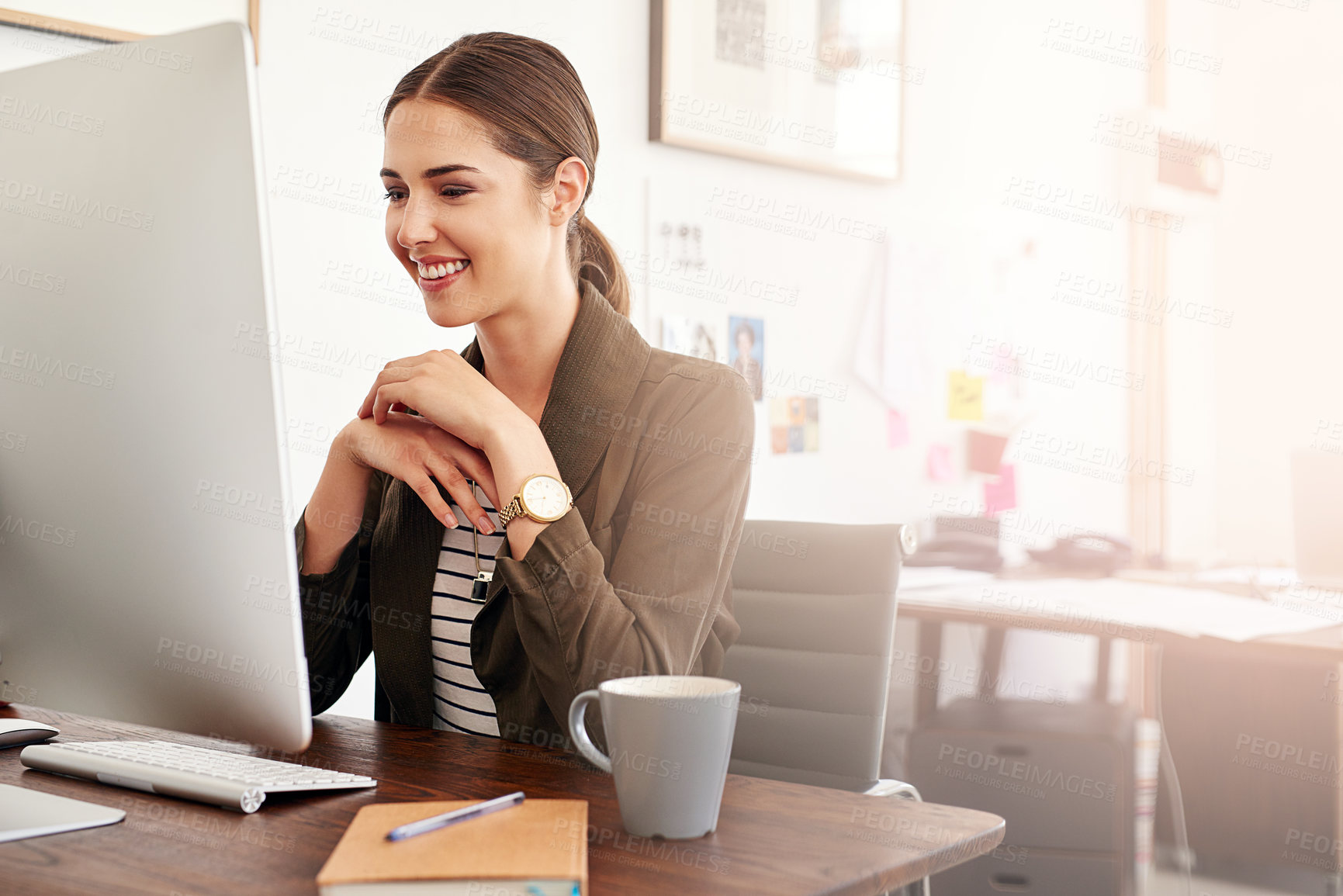 Buy stock photo Thinking, business and woman with smile, computer and online reading for fashion article. Person, employee and magazine editor in office, pc and internet with connection, review for proposal or email