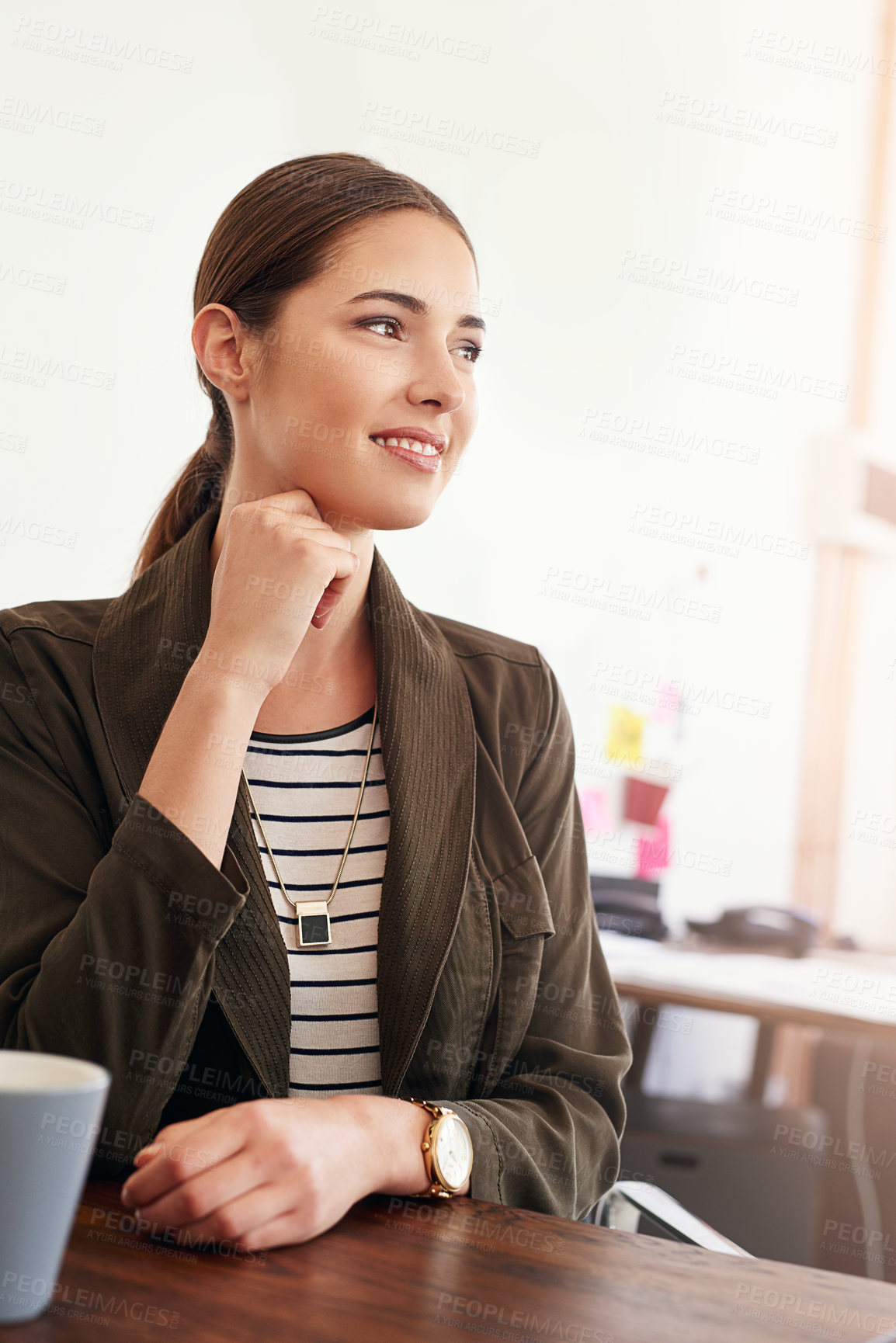 Buy stock photo Thinking, business and woman in office, ideas and coffee break with contemplation. Person, fashion designer and entrepreneur with herbal tea, thoughtful and solution with decision, choice or espresso