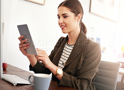 Buy stock photo Coffee, business and woman at desk, tablet and online reading for email. Person, social media and magazine editor in workplace, technology and internet with connection, network and company website