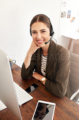 Buy stock photo Microphone, portrait and consultant with woman in office for travel agent, customer service or CRM. Flight package, hotel booking or airline contact with person for help desk, smile and headset