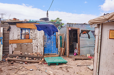 Buy stock photo Buildings, poverty and poor society with shack of informal settlement, rural area or suburb. Broken, home or housing with global challenge for shelter or damage from hurricane or natural disaster