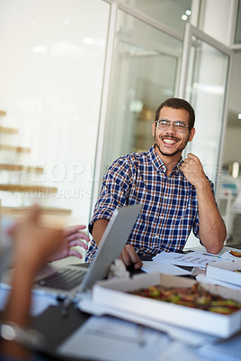 Buy stock photo Happy, office and business man in meeting for planning, teamwork and collaboration. Creative agency, company and workers laugh with documents, laptop and pizza in discussion, review and feedback