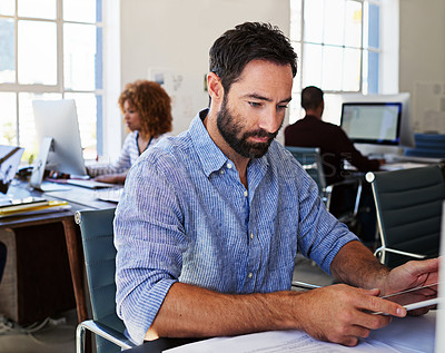 Buy stock photo Corporate man, tablet and office with focus, reading and planning for web design, seo and website ux. Businessman, coworking and digital touchscreen ui for online strategy, goals and brainstorming