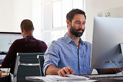 Buy stock photo Coworking, email and businessman on a computer for connection, internet and communication. Workspace, happy and a corporate worker working on a pc with connectivity, online design and website