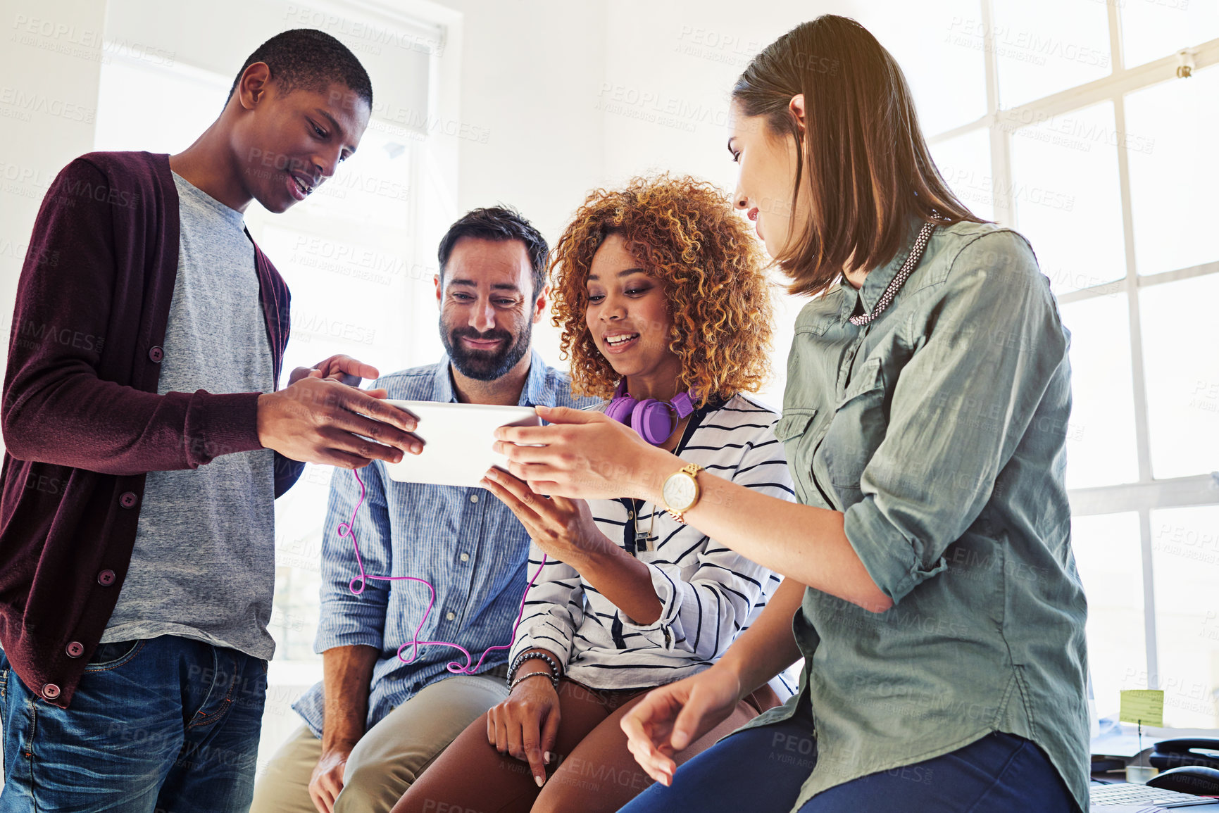 Buy stock photo Break, together and business people with a tablet for a video, meme or social media notification. Planning, strategy employees looking at an email, information or update on the internet with tech