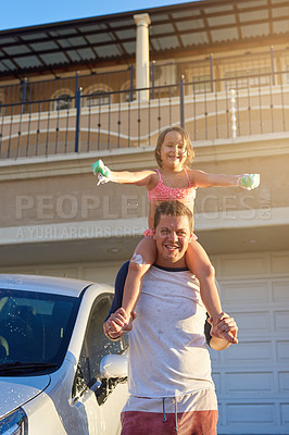 Buy stock photo Father, child and shoulders in yard for portrait, happy and soap with sponge for washing family car. Dad, girl and together in drive way for chores or cleaning vehicle, bonding and outdoor with love.